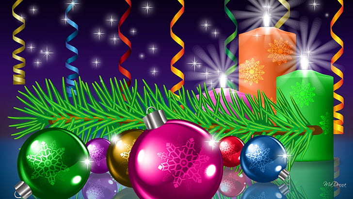 A Shine So Bright, decorations, pine, christmas, balls, streamiers, bright, feliz navidad, spruce, candle, shine, HD wallpaper