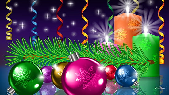 A Shine So Bright, декорации, бор, Коледа, топки, стрийми, ярък, feliz navidad, смърч, свещ, блясък, HD тапет HD wallpaper