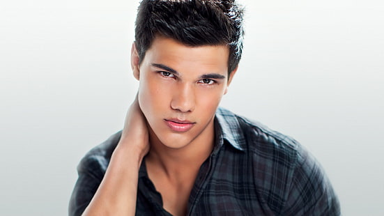 men's blue and white plaid dress shirt, Taylor Lautner, simple background, actor, portrait, HD wallpaper HD wallpaper