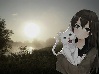 peluche chat blanc et noir, anime, chat, ciel, Fond d'écran HD HD wallpaper