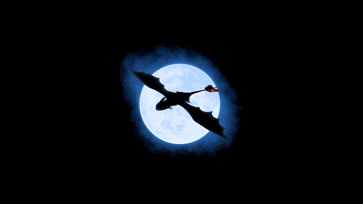 How to Train Your Dragon, movies, Toothless, dragon, Moon, night, minimalism, silhouette, HD wallpaper