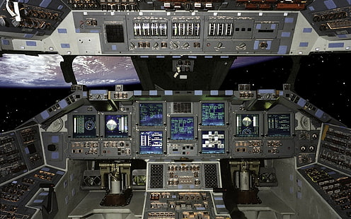 cabina, espacio, nave espacial, estrellas, tierra, transbordador espacial, Fondo de pantalla HD HD wallpaper