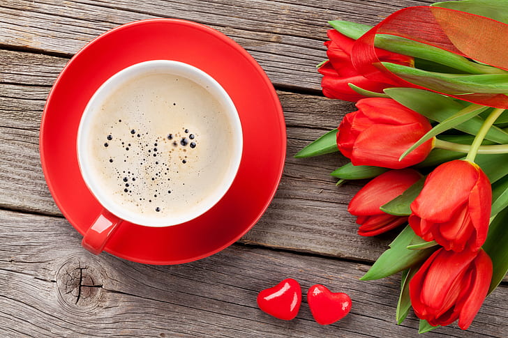 love, flowers, gift, coffee, bouquet, Cup, tulips, red, romantic, Valentine's Day, HD wallpaper