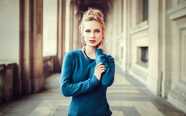Models, Eva Mikulski, Blond, Blaue Augen, Schärfentiefe, Langes Haar, Porträt, HD-Hintergrundbild