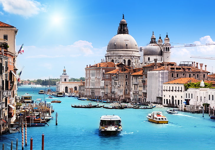 biało-brązowy jacht, Wenecja, Włochy, miasto, kanał, budynek, krajobraz, łódź, dom, woda, Tapety HD