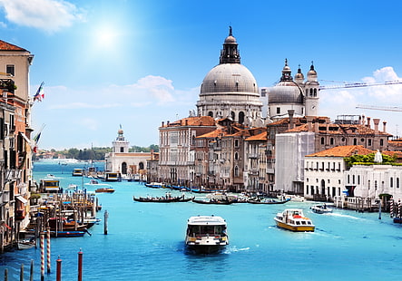 бело-коричневая яхта, Венеция, Италия, город, канал, здания, пейзаж, лодка, дом, вода, HD обои HD wallpaper