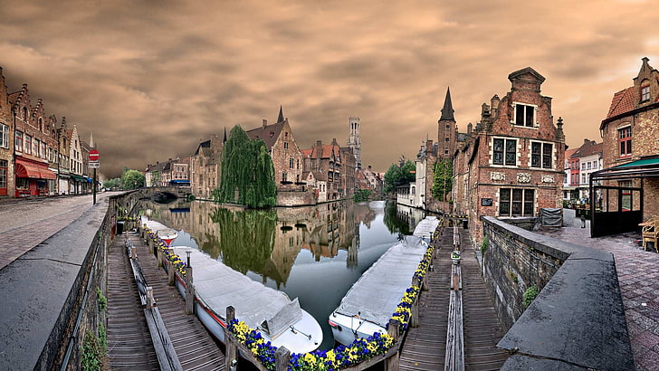 foto panorama bangunan dan jalan, lanskap kota, kota, HDR, bangunan, Bruges, abstrak, Wallpaper HD