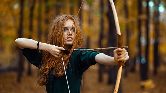 archer, women, bow and arrow, archery, fantasy girl, bow, women outdoors, redhead, bracelets, wavy hair, long hair, HD wallpaper HD wallpaper