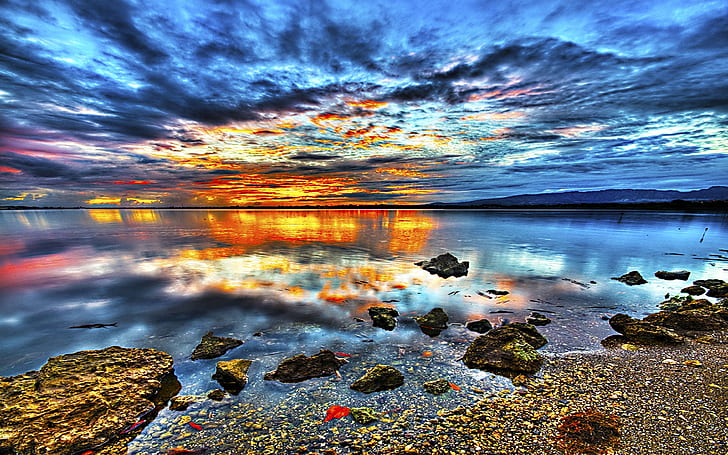 это путь Пляж Облака красочный остров гора Отражение скал Море закат HD, природа, облака, закат, пляж, скалы, отражение, красочный, гора, море, остров, HD обои