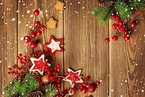 decoraciones de flores rojas y blancas, nieve, decoración, bolas, Año Nuevo, Navidad, Navidad, galletas, Merry, Fondo de pantalla HD HD wallpaper