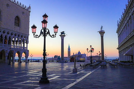 Veneza, Itália, poste de luz preto, Itália, manhã, Veneza, Palácio Ducal, Piazzetta, coluna de São Marcos, a coluna de São Teodoro, HD papel de parede HD wallpaper