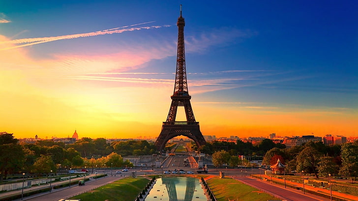 Eiffeltornet, Paris, Paris, Eiffeltornet, HDR, arkitektur, stad, solnedgång, Frankrike, stadsbild, landskap, fotografi, urban, himmel, Sol, Trocadero trädgårdar, HD tapet