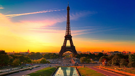 Menara Eiffel, Paris, Paris, Menara Eiffel, HDR, arsitektur, kota, matahari terbenam, Prancis, lanskap kota, lanskap, fotografi, perkotaan, langit, matahari, taman Trocadero, Wallpaper HD HD wallpaper