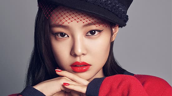 BLACKPINK, Jennie (BLACKPINK), Kim Jennie, K-pop, червено червило, червени нокти, жени, азиатски, корейски, корейски жени, HD тапет HD wallpaper