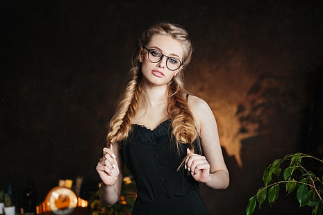 женщины, блондинка, косички, портрет, очки, HD обои HD wallpaper