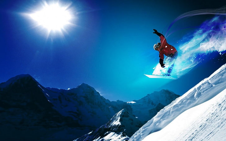 мужская красная снежная куртка, сноуборд, прыжки, горы, спорт, спорт, HD обои