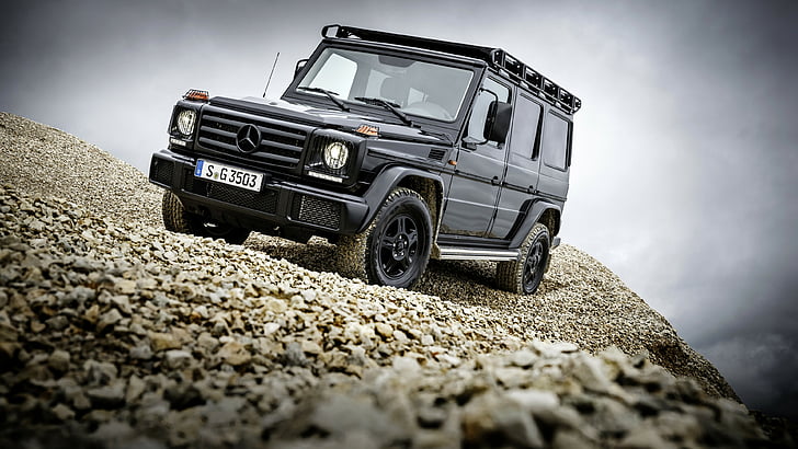 black Mercedes-Benz SUV on brown soil with stones, Mercedes-Benz G 350 d Professional, suv, black, HD wallpaper