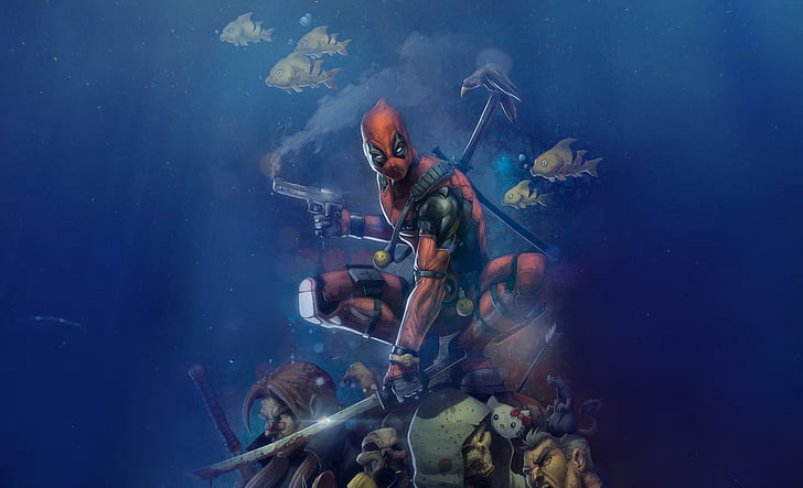 obra de arte, subaquática, Deadpool, anti-heróis, HD papel de parede