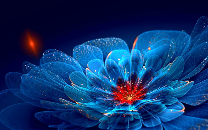 Flor de néon, brilhos, néon, pétalas de flores, azul, 3d e abstrato, HD papel de parede