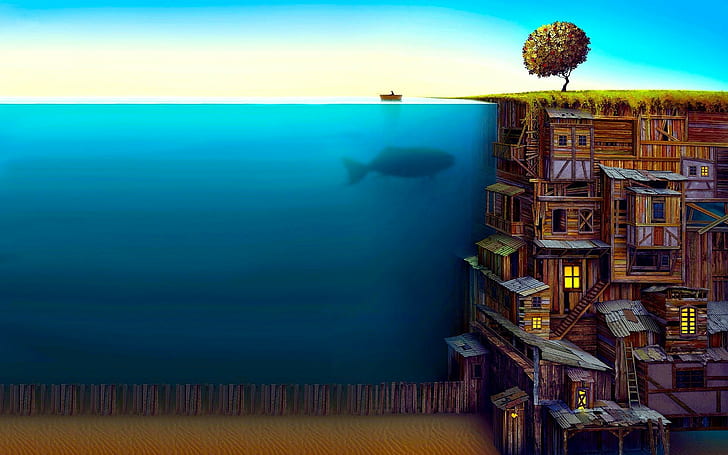 des arbres eau abstrait poisson imaginaire art échelles divisé vue filtre jacek yerka chouette ville baleine, Fond d'écran HD