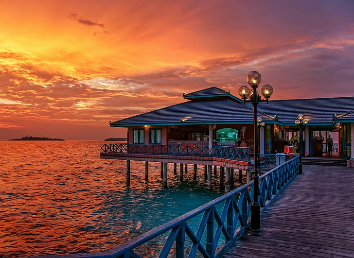 Maldives, Resort, Sunset, Sea, Tropical, Sky, Walkway, Water, Nature, Landscape, Summer, maldives, resort, sunset, sea, tropical, sky, walkway, water, nature, landscape, HD wallpaper