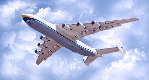 เครื่องบินสีเทาและสีขาว, ท้องฟ้า, เมฆ, เครื่องบิน, เที่ยวบิน, ปีก, ยูเครน, Mriya, The an-225, Cargo, Jet, Antonov, ในอากาศ, แมลงวัน, Cossack, Turbine, Ан225, วอลล์เปเปอร์ HD HD wallpaper