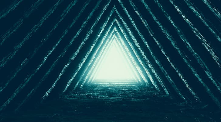 digitale Kunst, Kunstwerk, Höhle, Dreieck, abstrakt, Tunnel, Lichter, Nebel, leuchtend, dunkel, grün, HD-Hintergrundbild