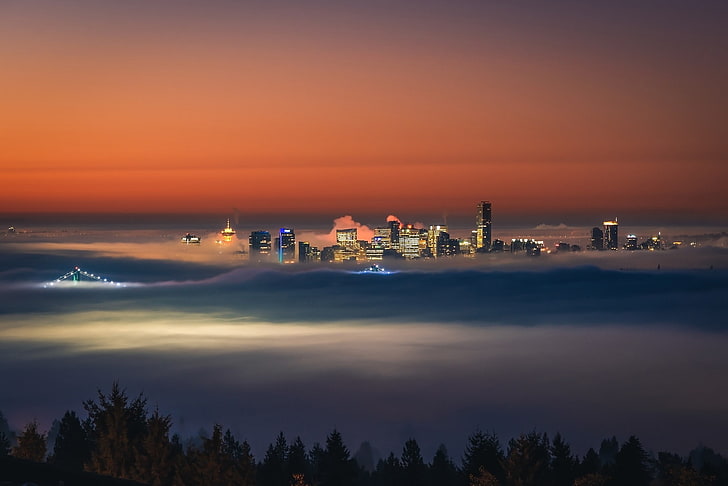градски светлини, град, мъгла, HD тапет