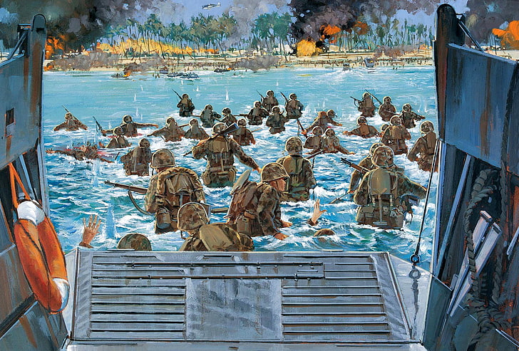 soldiers on water canvas painting, victory, art, artist, soldiers, USA, battle, the battle, landing, sea, WW2, action, 1943., over, the, military, troops, Howard Gerrard., theatre, summary, Marines, Tarawa, held, bloody, Pacific, Atoll, Japanese, HD wallpaper