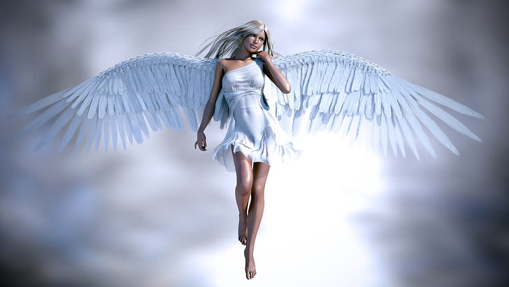 美しい天使の女の子、白い服と翼、白いドレスと白い翼文字の女性、美しい、天使、女の子、白、服、翼、 HDデスクトップの壁紙