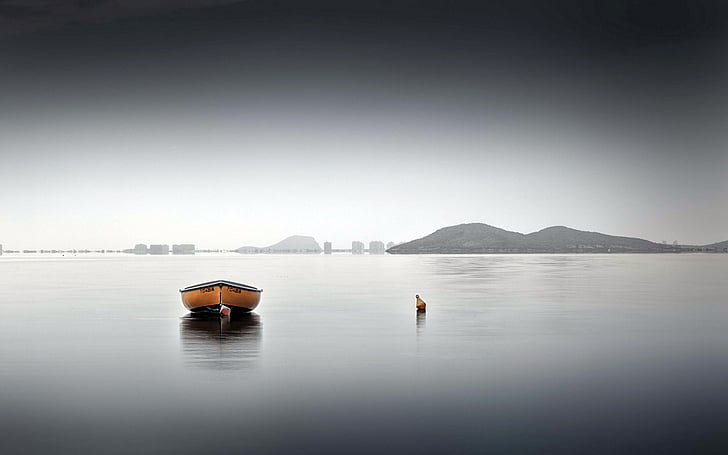 boat, buoy, horizon, lakes, mountains, ocean, reflection, sea, sky, HD wallpaper