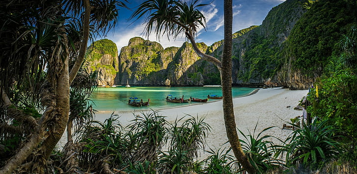варовик, пейзаж, тропически, лодка, пясък, вода, плаж, храсти, сутрин, скала, дървета, тюркоаз, природа, Тайланд, море, бяло, HD тапет