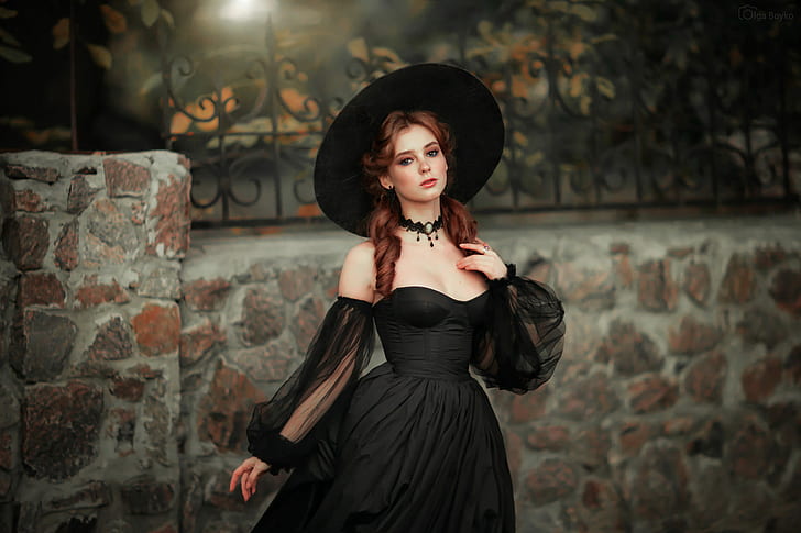 mulheres, ruiva, modelo, vestido preto, gótico, mulheres com chapéus, vestido, retrato, parede, HD papel de parede