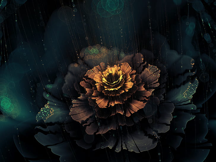 фрактал, дъжд, фрактални цветя, HD тапет
