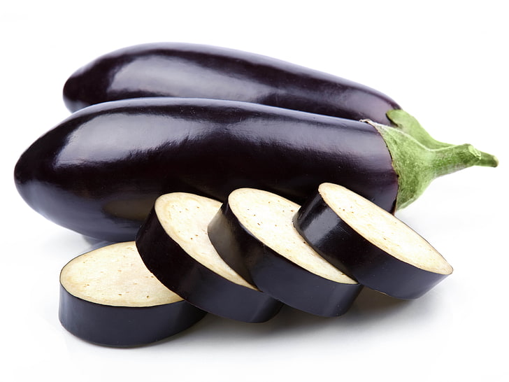 two purple eggplants with four slices, little, blue, cut, slices, white, eggplant, HD wallpaper