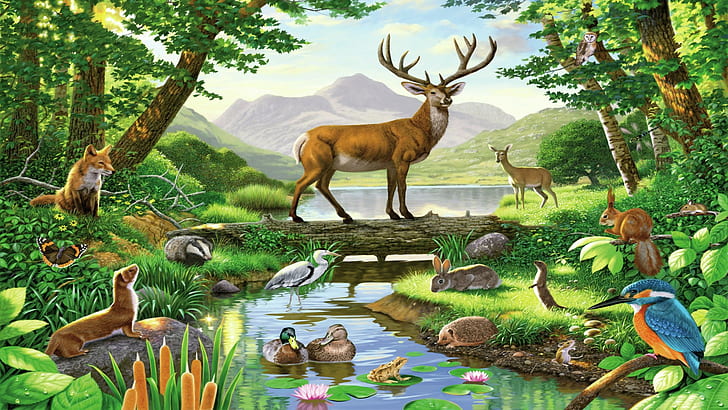 digital art, 1920x1080, Forest, pond, deer, Fox, squirrel, Weasel, Duck, anime, ultra hd, hd, HD wallpaper
