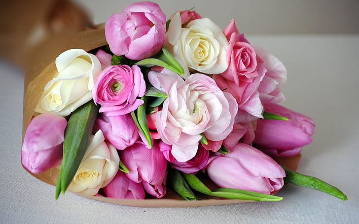 ดอกกุหลาบสีขาวสีชมพูดอกทิวลิปสีชมพูสีขาวสีชมพูดอกกุหลาบดอกไม้ดอกทิวลิป, วอลล์เปเปอร์ HD