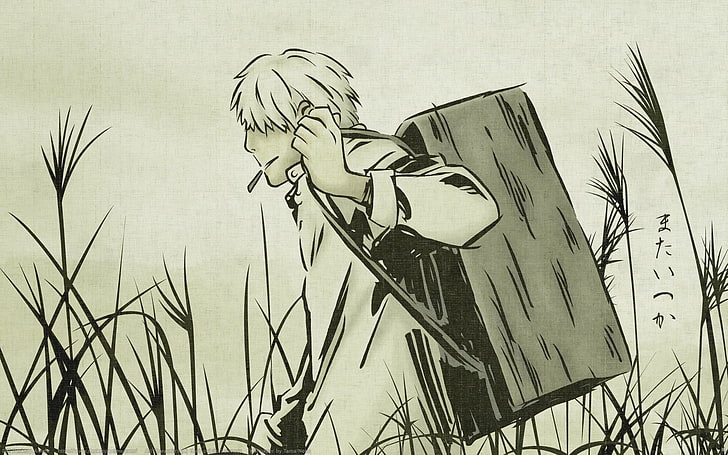 남자, Mushishi, 애니메이션, 판타지 아트, 긴코 (Mushishi)의 흑백 스케치, HD 배경 화면