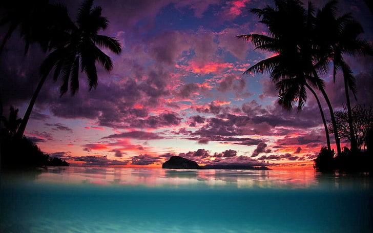 beach, clouds, island, landscape, nature, Palm Trees, sea, sky, sunset, Tahiti, tropical, Turquoise, water, HD wallpaper
