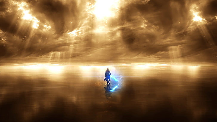игровой персонаж плывущий по водной глади цифровые обои, произведение искусства, фэнтези-арт, цифровое искусство, воин, море, меч, небо, HD обои