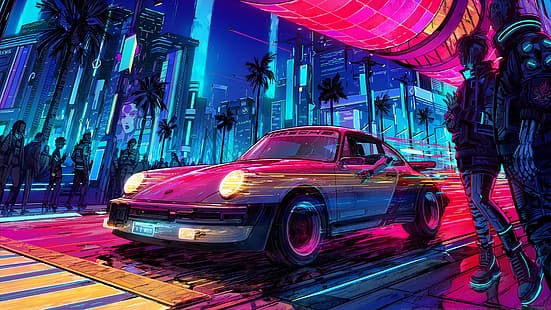 videogiochi, arte dei videogiochi, arte digitale, Porsche, auto retrò, neon, cyberpunk, Cyberpunk 2077, con filigrana, Sfondo HD HD wallpaper
