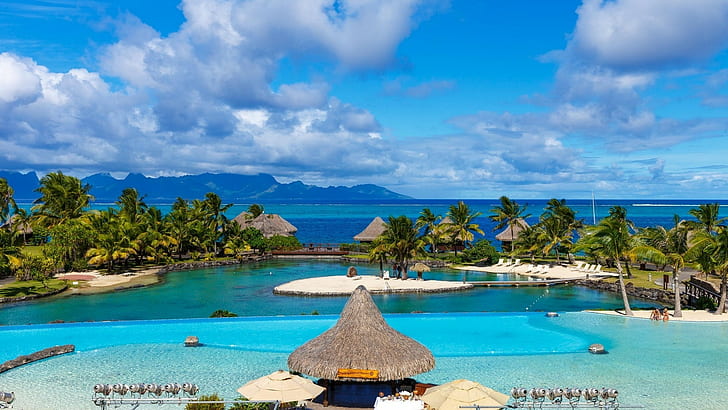 landscape nature tropical resort tahiti french polynesia sea beach swimming pool palm trees island mountain clouds summer, HD wallpaper