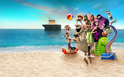 песок, море, пляж, небо, солнце, корабль, мультфильм, горизонт, персонажи, отель Трансильвания 3, монстры в отпуске 3, отель Трансильвания 3: летние каникулы, HD обои HD wallpaper