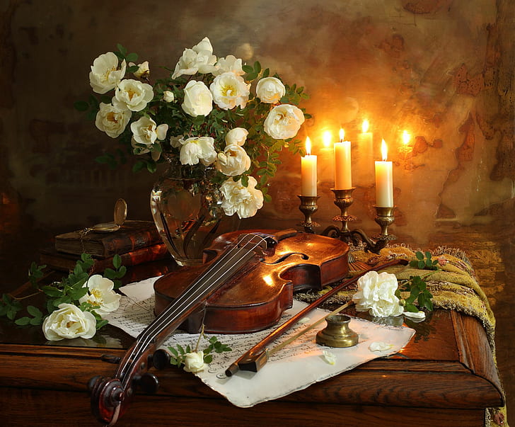 Фотография, натюрморт, книга, свеча, цветок, ваза, скрипка, белый цветок, HD обои