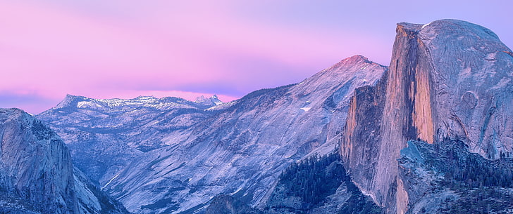 brązowa góra, krajobraz, Half Dome, Park Narodowy Yosemite, przyroda, poranek, dolina, góry, klif, USA, Kalifornia, Tapety HD