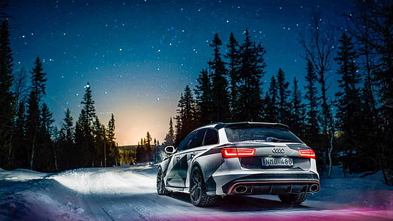 Audi, RS6, Schnee, Lichter, rot, Nacht, Holz, Himmel, Sterne, geführt, HD-Hintergrundbild HD wallpaper