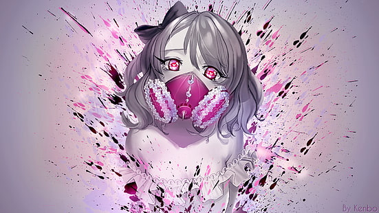 anime, meninas anime, máscaras de gás, splatter, splatter pintura, rosa, mulheres, olhos cor de rosa, HD papel de parede HD wallpaper