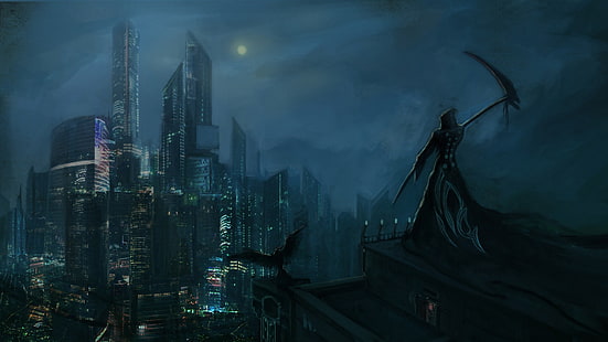 ilustrasi reaper suram, ilustrasi Grim Reaper, karya seni, cityscape, Grim Reaper, seni fantasi, Wallpaper HD HD wallpaper