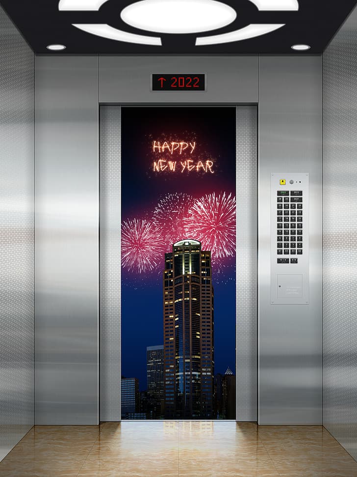2022 (Anno), Felice Anno Nuovo, ascensore, edificio, fuochi d'artificio, Sfondo HD, sfondo telefono