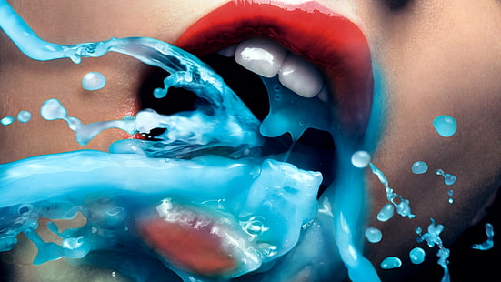 kobiety, usta, otwarte usta, zęby, ciecz, niebieski, model, sztuka cyfrowa, usta, woda, cyjan, czerwona szminka, zbliżenie, Tapety HD HD wallpaper